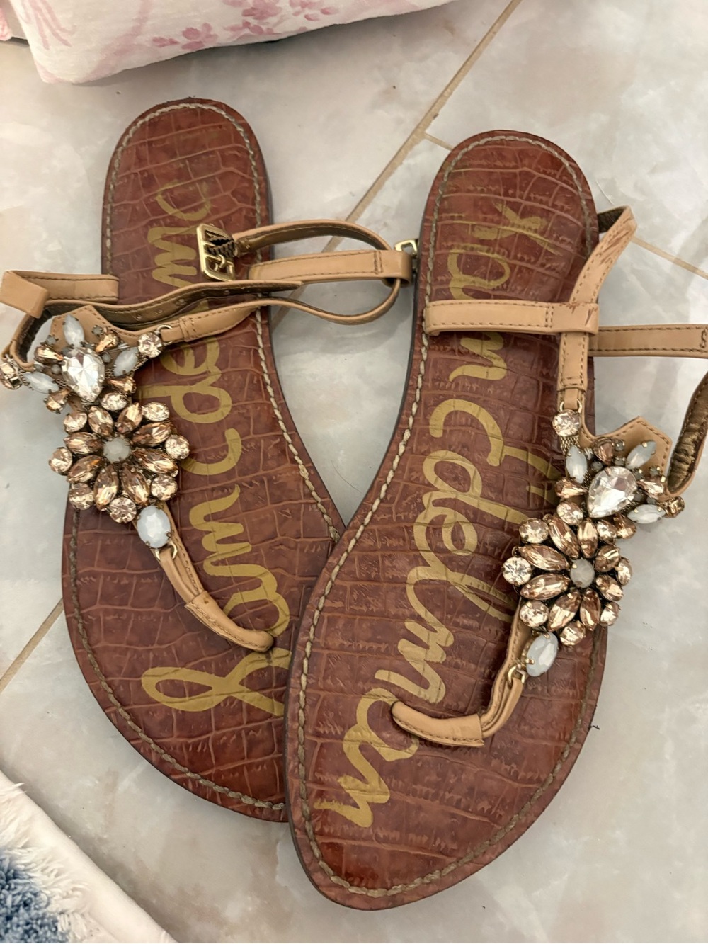Sam Edelman Tan Jeweled T-Strap Sandals with Crystal Floral Accents